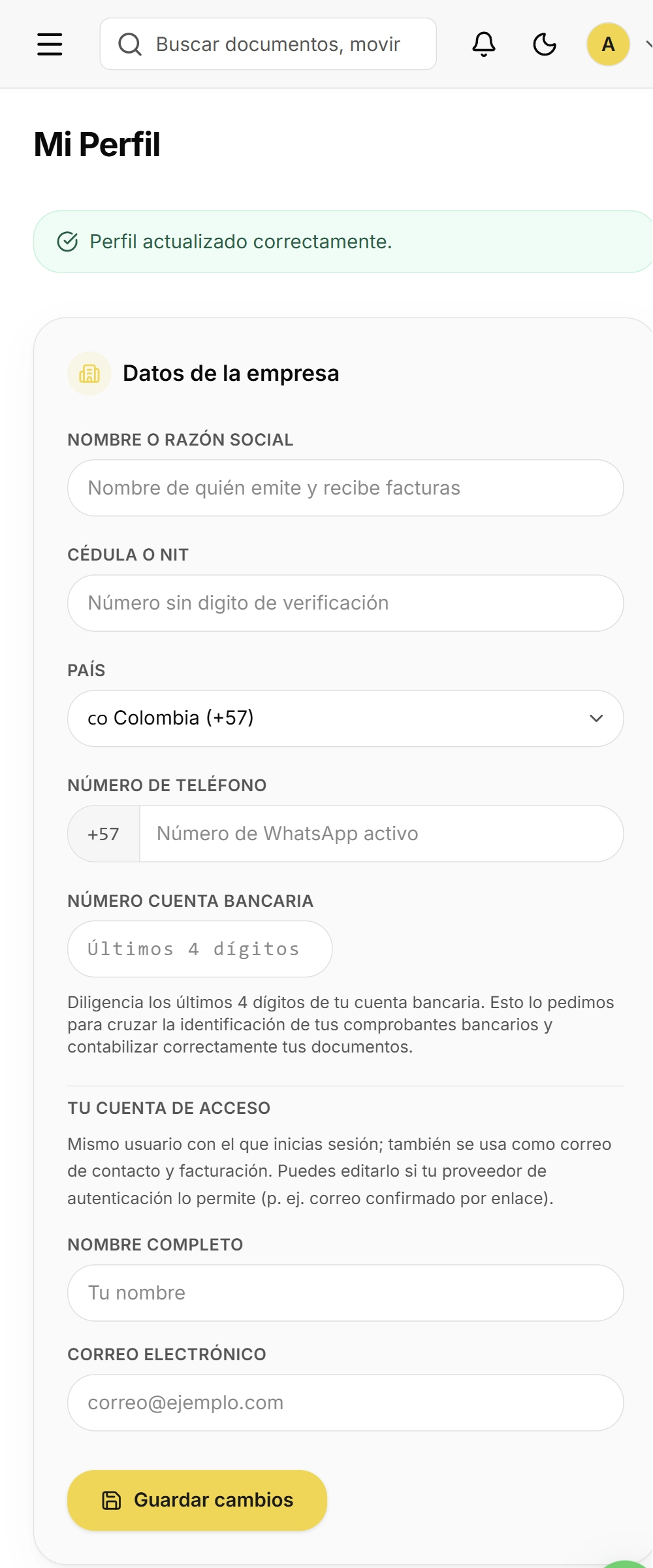 Paso 2: completar datos de perfil y empresa
