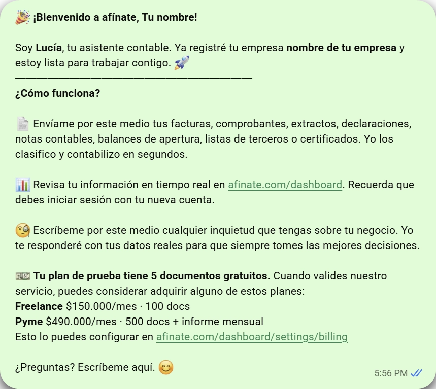 Paso 3: mensaje de bienvenida de Lucía por WhatsApp