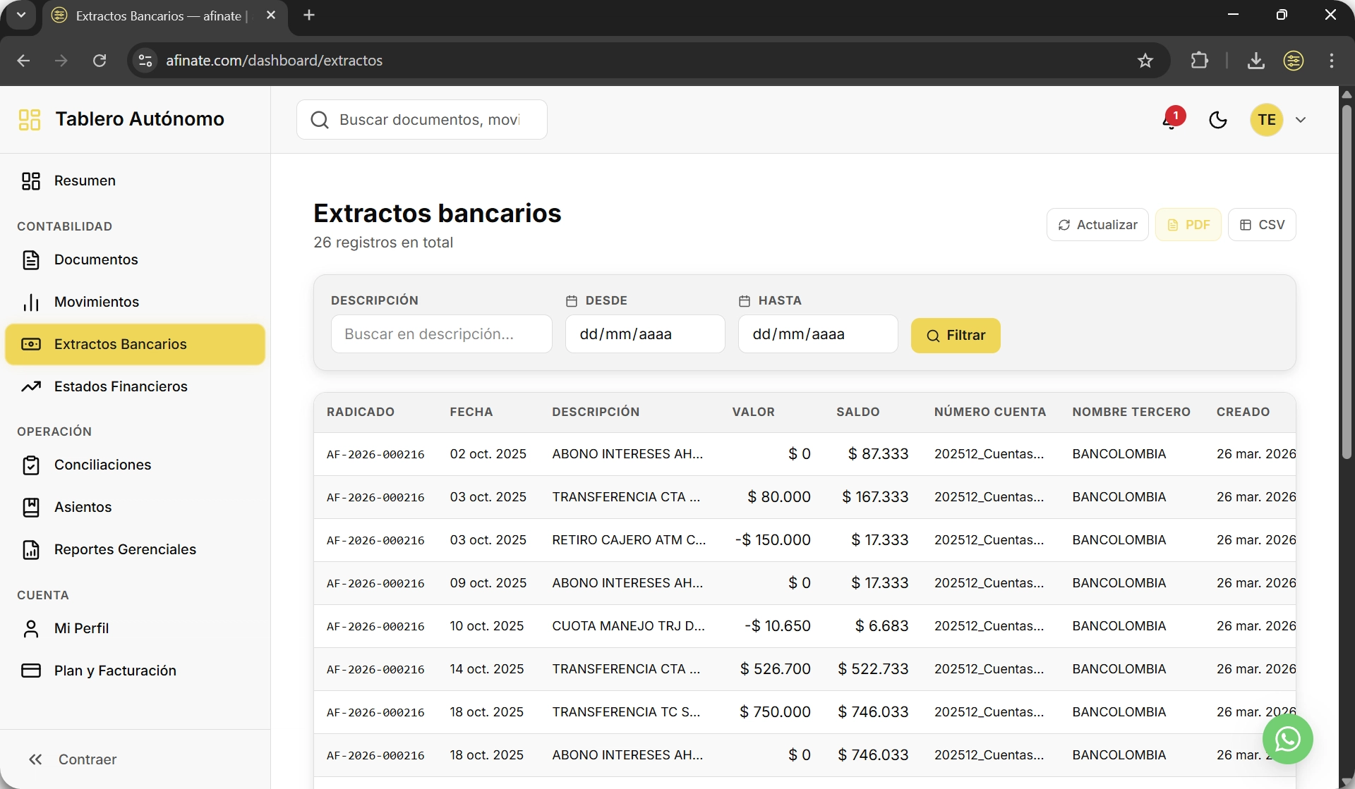 Extractos bancarios en el tablero afinate