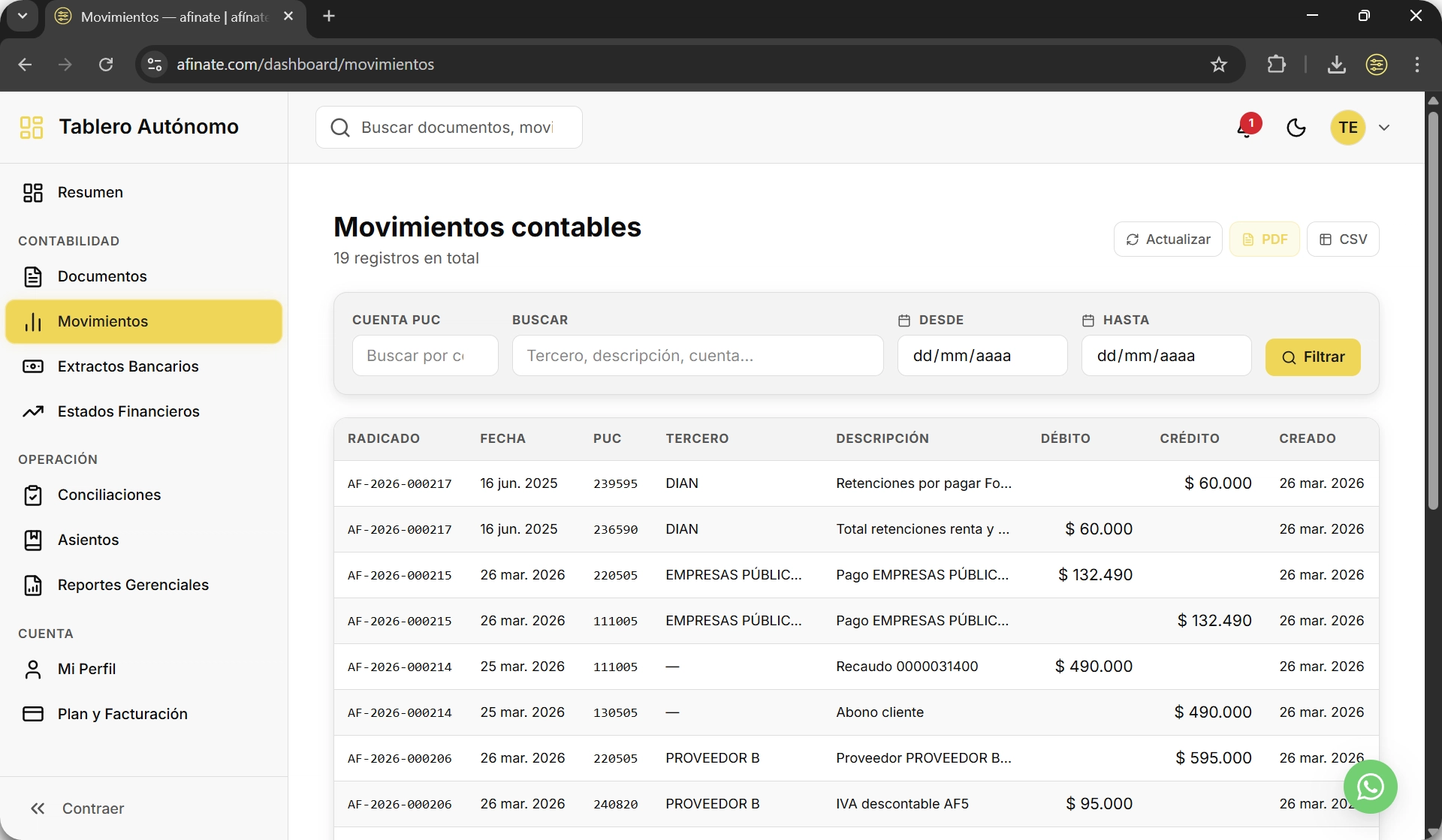 Movimientos contables en el tablero afinate