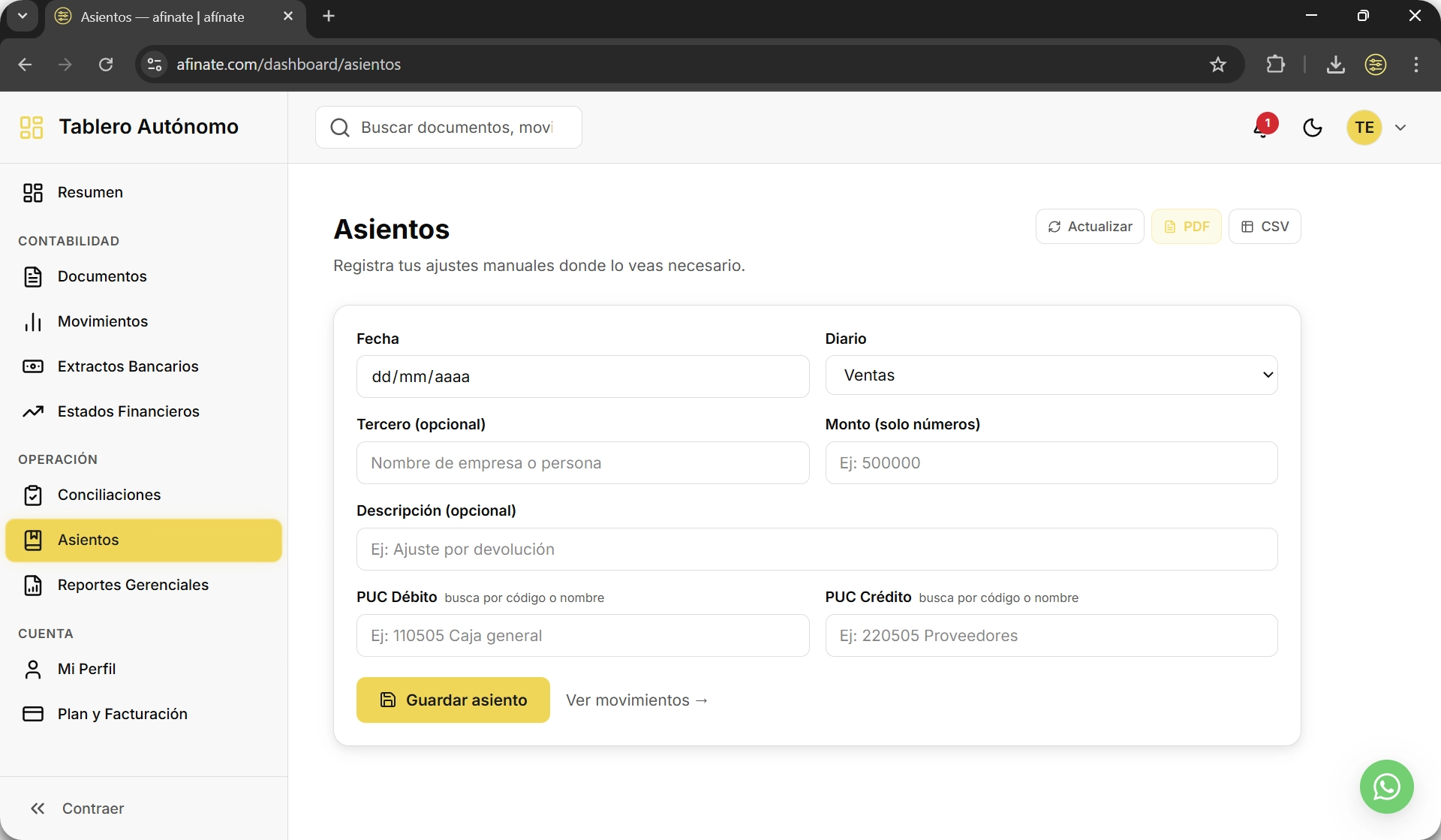Asientos en el tablero afinate