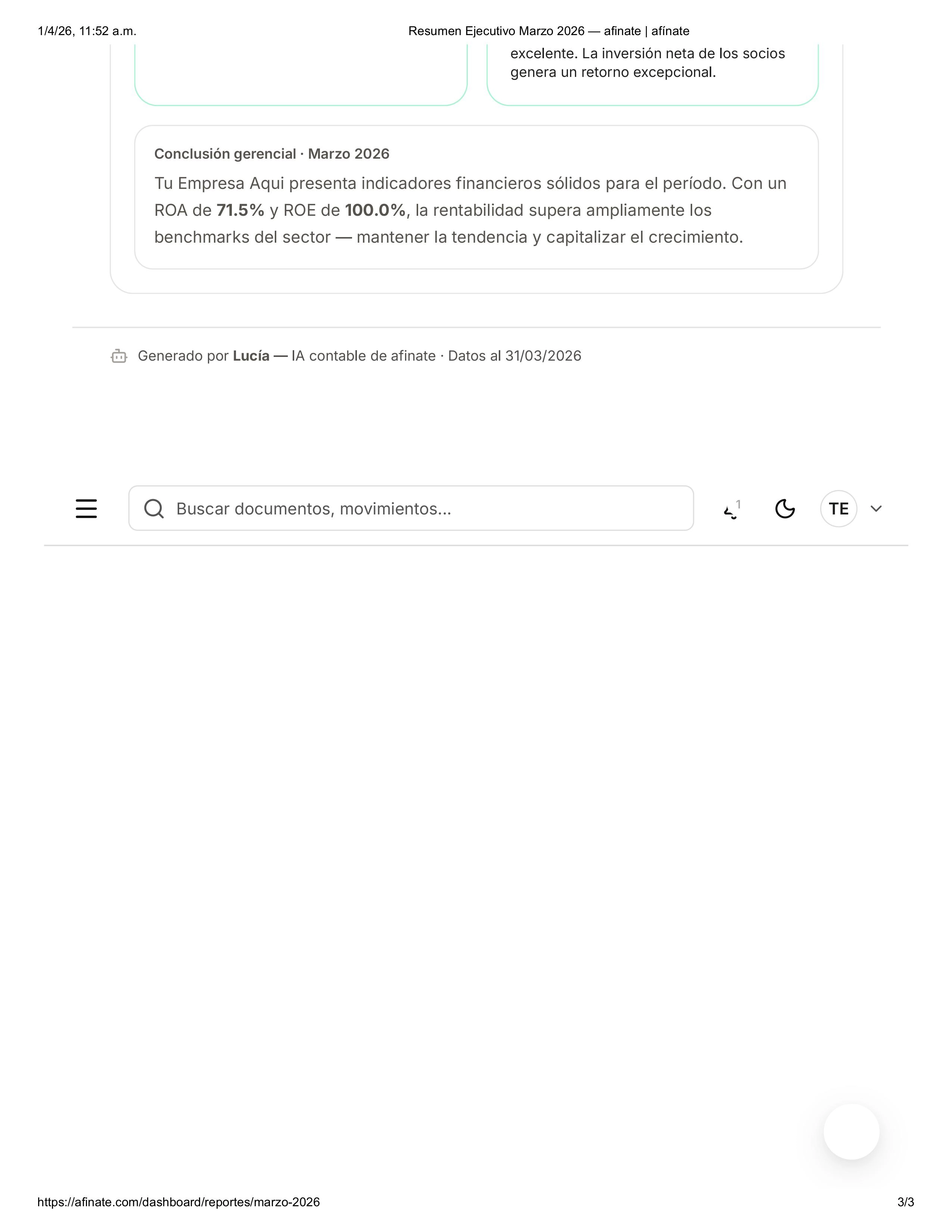 Resumen ejecutivo marzo 2026 — vista 3 en el tablero afinate