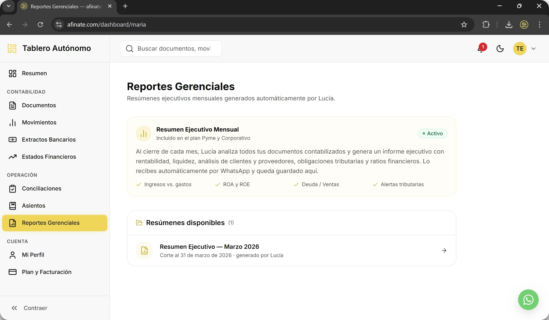 Reportes gerenciales en el tablero afinate