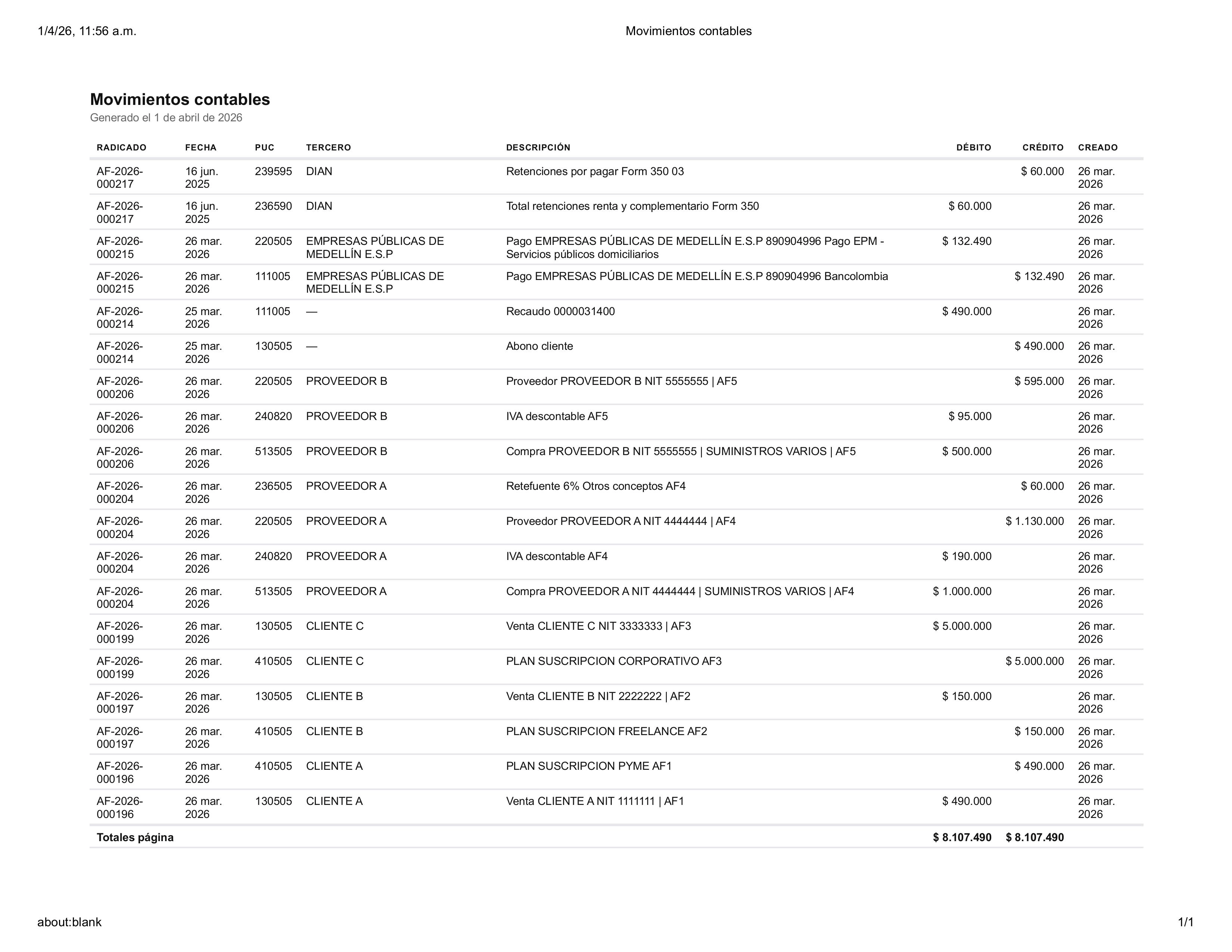Vista de movimientos contables exportados en PDF