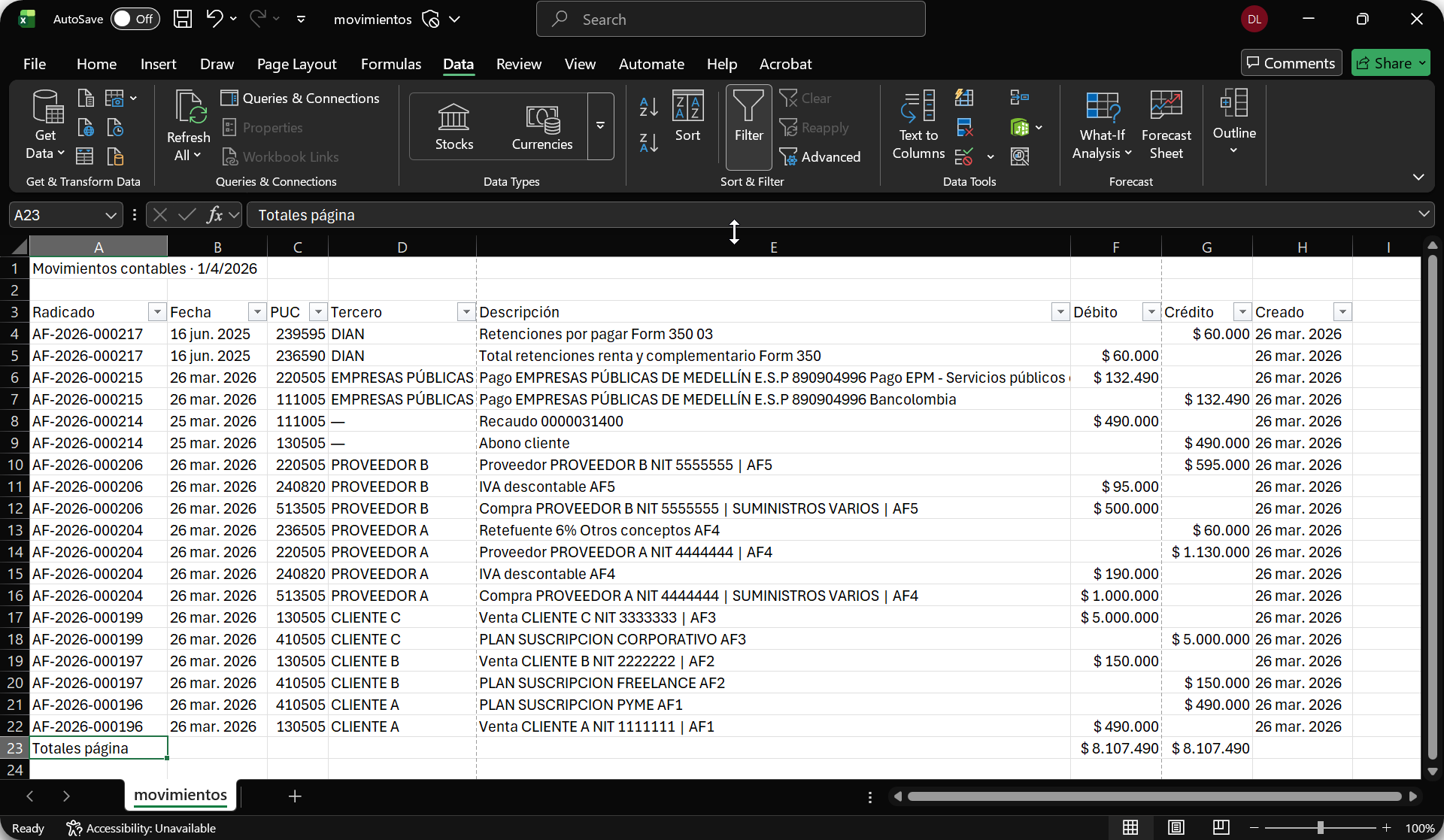 Vista de movimientos exportados en hoja de cálculo